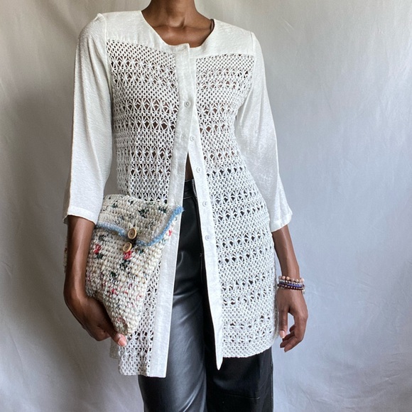 White crochet mixed textured top - Picture 5 of 11